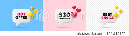 Cashback chat speech bubble. 3d stars, sparkles, hearts chat bubbles. 30 Usd cashback. Money back offer sign. Cash back promo symbol. Hot offer, best choice tag. Vector 131850151