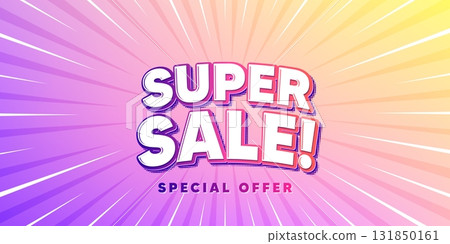 Super sale sun rays gradient banner. Light burst background. Super Sale tag. Special offer price sign. Advertising Discounts symbol. Gradient sun rays. Sunburst light. Vector 131850161