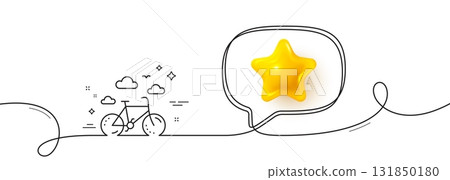 Bike rental line icon. Continuous line with 3d star. Bicycle rent sign. Hotel service symbol. 3d star in speech bubble. Bike rental single line ribbon. Loop curve pattern. Vector Bike rental line icon. Continuous line with 3d star. Bicycle rent sign. Hotel service symbol. 3d star in speech bubble. Bike rental single line ribbon. Loop curve pattern. Vector 131850180