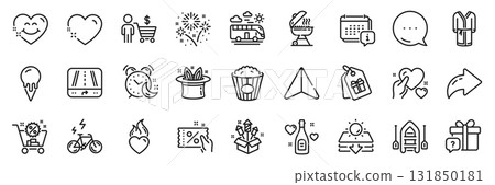 Popcorn, Calendar and Hold heart line icons pack. Share, Message, Paper plane icons. Fireworks rocket, Buyer, Sun protection web icon. Bathrobe, Ice cream, Discount coupon pictogram. Vector Popcorn, Calendar and Hold heart line icons pack. Share, Message, Paper plane icons. Fireworks rocket, Buyer, Sun protection web icon. Bathrobe, Ice cream, Discount coupon pictogram. Vector 131850181