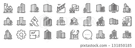 Buildings line icons. Settings gear, Message, Inflation icons. Bank, Hotel, Courthouse. City, Real estate, Architecture buildings icons. Hospital, town house, museum. Vector 131850185