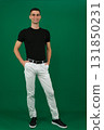 Set of videos featuring handsome European man with dark hair and expressive eyebrows wearing black t shirt and white pants showing different emotions and gestures on green chroma key background 131850231