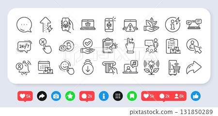 Delivery calendar, Energy growing and Megaphone checklist line icons pack. Social media: share, comment, like icons. Smile, Mail, Touchscreen gesture web icon. Vector 131850289