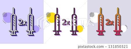 Coronavirus 2x vaccine line icon. Halftone dotted pattern. Gradient icon with grain shadow. Corona syringe sign. Covid jab symbol. Line coronavirus vaccine icon. Various designs. Vector 131850321