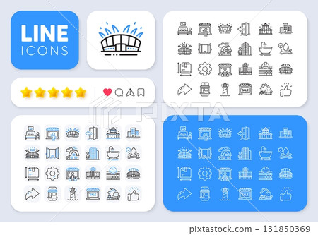 Market seller, Buildings and Furniture line icons for web app. Message, Share, Like social media icons. Pack of Market buyer, Open door, Lighthouse pictogram icons. Vector 131850369