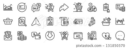Savings insurance, Payment card and Launder money line icons pack. Share, Message, Paper plane icons. Stock analysis, Discounts cart, Ad web icon. Making money, Bribe, Grocery basket pictogram. Vector 131850370