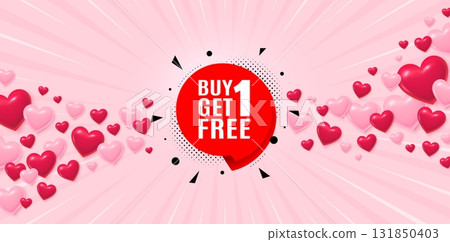 Get free love banner with 3d hearts. Sunburst flare background. Buy 1 Get 1 Free sticker. Discount banner tag. Coupon icon. Valentines day greeting card. Vector Get free love banner with 3d hearts. Sunburst flare background. Buy 1 Get 1 Free sticker. Discount banner tag. Coupon icon. Valentines day greeting card. Vector 131850403