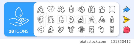 Water drop line icons. Interest rate, AI generate, Inflation icons. Set of Bottle, Antibacterial filter and Tap water linear icons. Bacteria, Cooler and Refill barrel bottle. Vector 131850412