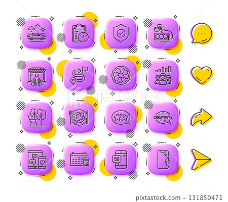 Exam time, Market buyer and Fan engine line icons. App 3d buttons. Social media comment, share, like icons. Pack of Security shield, Social media, Car travel icon. Vector Exam time, Market buyer and Fan engine line icons. App 3d buttons. Social media comment, share, like icons. Pack of Security shield, Social media, Car travel icon. Vector 131850471