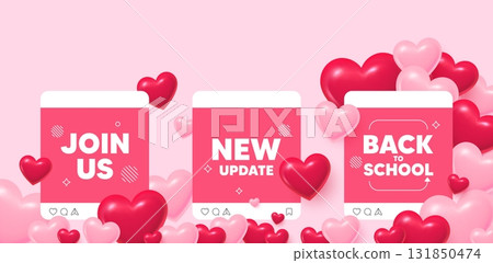 New update social media post. Back to school love template. New update icon. Special offer sign. Important information available symbol. Like, comment and share icons. Vector 131850474