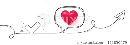 Check line icon. Continuous line with share plane. Approved Tick sign. Confirm, Done or Accept symbol. 3d heart in speech bubble. Tick single line ribbon. Loop curve pattern. Vector 131850479