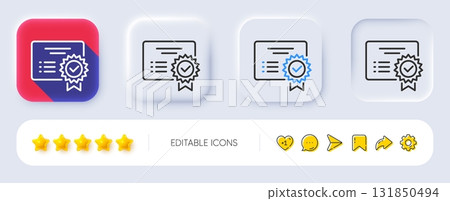 Certificate line icon. Neumorphic, Flat shadow, 3d buttons. Verified document sign. Accepted or confirmed symbol. Line certificate icon. Social media icons. Vector 131850494