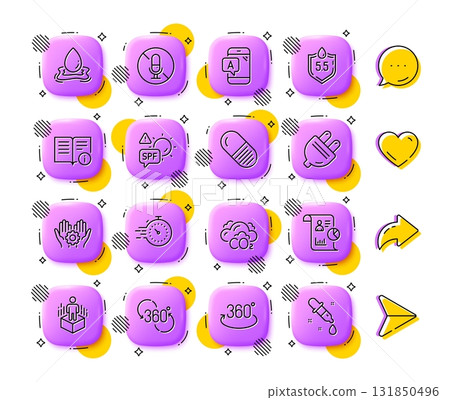Full rotation, Capsule pill and Ab testing line icons. App 3d buttons. Social media comment, share, like icons. Pack of Employee hand, Report, Spf protection icon. Vector Full rotation, Capsule pill and Ab testing line icons. App 3d buttons. Social media comment, share, like icons. Pack of Employee hand, Report, Spf protection icon. Vector 131850496