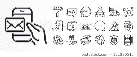 Airplane wifi, Stars and Paint roller line icons for web app. Glare of light effect. Message icon. Pack of Trade infochart, 24h service, Food time pictogram icons. Vector Airplane wifi, Stars and Paint roller line icons for web app. Glare of light effect. Message icon. Pack of Trade infochart, 24h service, Food time pictogram icons. Vector 131850513