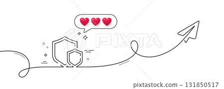 Shields line icon. Continuous line with share plane. Privacy secure sign. Safe defense symbol. Hearts rate review in speech bubble. Shields single line ribbon. Loop curve pattern. Vector 131850517