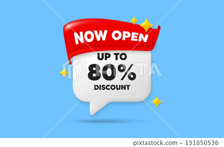 Discount tag chat speech bubble. Now open flag ribbon. Up to 80 percent discount. Sale offer price sign. Special offer symbol. Save 80 percentages. 3d sparkle stars speech bubble. Vector 131850536