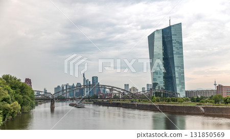 Hyperlapse of Frankfurt skyline featuring the modern ECB headquarters skyscraper. Frankfurt am Main, Germany Hyperlapse of Frankfurt skyline featuring the modern ECB headquarters skyscraper. Frankfurt am Main, Germany 131850569