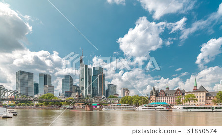 Hyperlapse of the historical Eiserner Steg or Iron Bridge over the Main River in Frankfurt, Germany 131850574