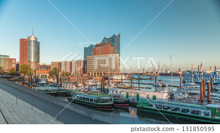 Jan Fedder Promenade timelapse hyperlapse in Hamburg, Germany, a vibrant waterfront area. 131850595