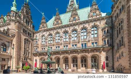 Hyperlapse of Hamburg City Hall with Hygieia Fountain in the courtyard near market square and Binnenalster, Germany Hyperlapse of Hamburg City Hall with Hygieia Fountain in the courtyard near market square and Binnenalster, Germany 131850597