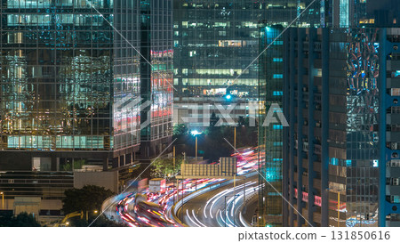 Top view of busy traffic night in finance urban timelapse, hong kong city 131850616