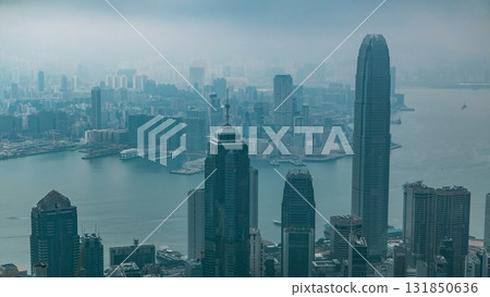 View of Hong Kong from Victoria peak in a foggy morning timelapse. 131850636