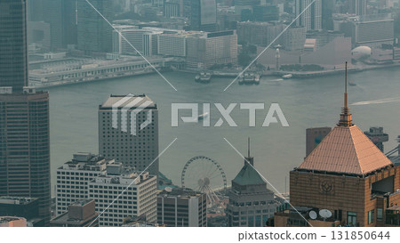View of Hong Kong from Victoria peak in a foggy morning timelapse. 131850644