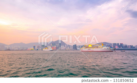 View from Star Ferry through Victoria Harbour timelapse hyperlapse, with the skyline of Hong Kong as backdrop 131850652