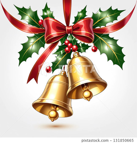 Christmas ornaments and gold bells with red ribbons 131850665