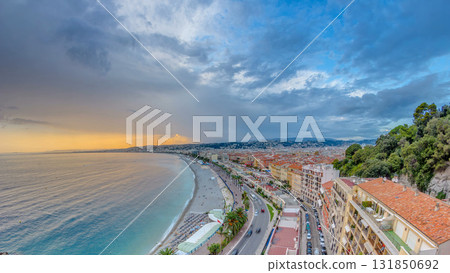 Sunset over Nice city and Mediterranean Sea aerial timelapse 131850692