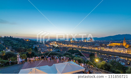 Skyline view of Arno River day to night timelapse, Ponte Vecchio from Piazzale Michelangelo at Sunset, Florence, Italy. 131850721