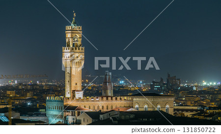 Famous Arnolfo tower of Palazzo Vecchio timelapse on the Piazza della Signoria at twilight in Florence, Tuscany, Italy 131850722