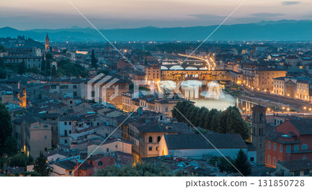 Skyline view of Arno River day to night timelapse, Ponte Vecchio from Piazzale Michelangelo at Sunset, Florence, Italy. 131850728