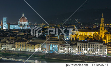Basilica Santa Croce and Santa Maria del Fiore in Florence at night timelapse - viewed from Piazzale Michelangelo Basilica Santa Croce and Santa Maria del Fiore in Florence at night timelapse - viewed from Piazzale Michelangelo 131850731