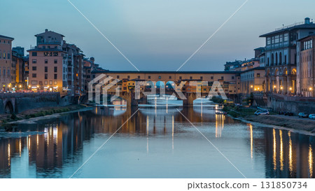 River Arno and famous bridge Ponte Vecchio day to night timelapse after sunset in Florence, Tuscany, Italy River Arno and famous bridge Ponte Vecchio day to night timelapse after sunset in Florence, Tuscany, Italy 131850734