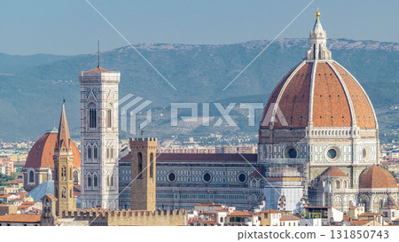 Duomo Santa Maria Del Fiore and Bargello aerial timelapse in the morning from Piazzale Michelangelo in Florence, Tuscany, Italy 131850743
