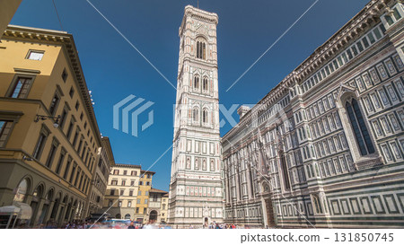 Giotto's Campanile tower timelapse hyperlapse - bell tower of the Basilica di Santa Maria del Fiore. Florence, Italy. 131850745
