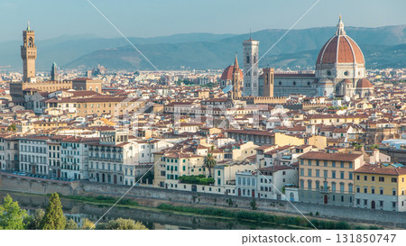 Palazzo Vecchio timelapse on piazza della Signora and Basilica di Santa Maria del Fiore in the morning as seen from Piazzale Michelangelo. Florence, Italy. Palazzo Vecchio timelapse on piazza della Signora and Basilica di Santa Maria del Fiore in the morning as seen from Piazzale Michelangelo. Florence, Italy. 131850747