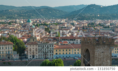 Top view of Florence city timelapse at sunrise with arno river bridges and historical buildings Top view of Florence city timelapse at sunrise with arno river bridges and historical buildings 131850750