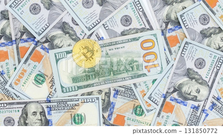 Currency Exchange Concept Bitcoin on US Dollar Bills, Cryptocurrency and Finance, Banking Currency Exchange Concept Bitcoin on US Dollar Bills, Cryptocurrency and Finance, Banking 131850772
