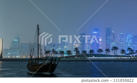 A panoramic view of the old dhow harbour night timelapse in Doha, Qatar, with 131850822