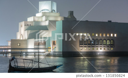 Beautiful Museum of Islamic Art night timelapse in Doha, Qatar. 131850824