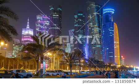 The skyline of Doha by night with starry sky seen from Corniche timelapse, Qatar The skyline of Doha by night with starry sky seen from Corniche timelapse, Qatar 131850874