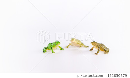 Colorful toy frogs in various poses on a clean white background, showcasing playful design and vibrant colors for creative projects 131850879