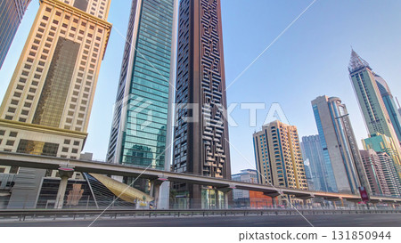 Skyscrapers at the Sheikh Zayed Road in Dubai timelapse hyperlapse 131850944