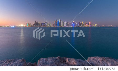 Doha downtown skyline day to night timelapse, Qatar, Middle East 131850978