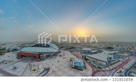 Aerial view of Aspire Zone stadium from at sunrise timelapse in Doha 131851059
