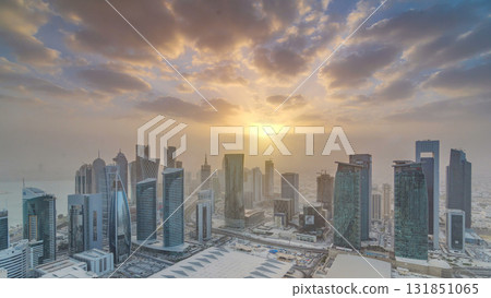 Skyscrapers at sunset timelapse in the skyline of commercial center of Doha, the capital Qatar 131851065