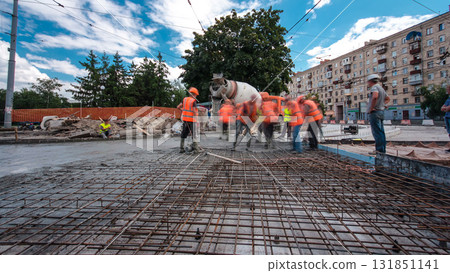 Road construction site with tram tracks repair and maintenance timelapse hyperlapse. Road construction site with tram tracks repair and maintenance timelapse hyperlapse. 131851141