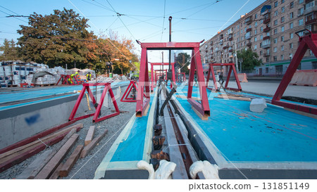 Road construction site with tram tracks repair and maintenance timelapse hyperlapse. 131851149